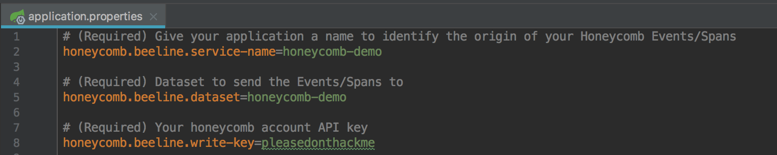 Adding the Honeycomb properties to the application.properties file