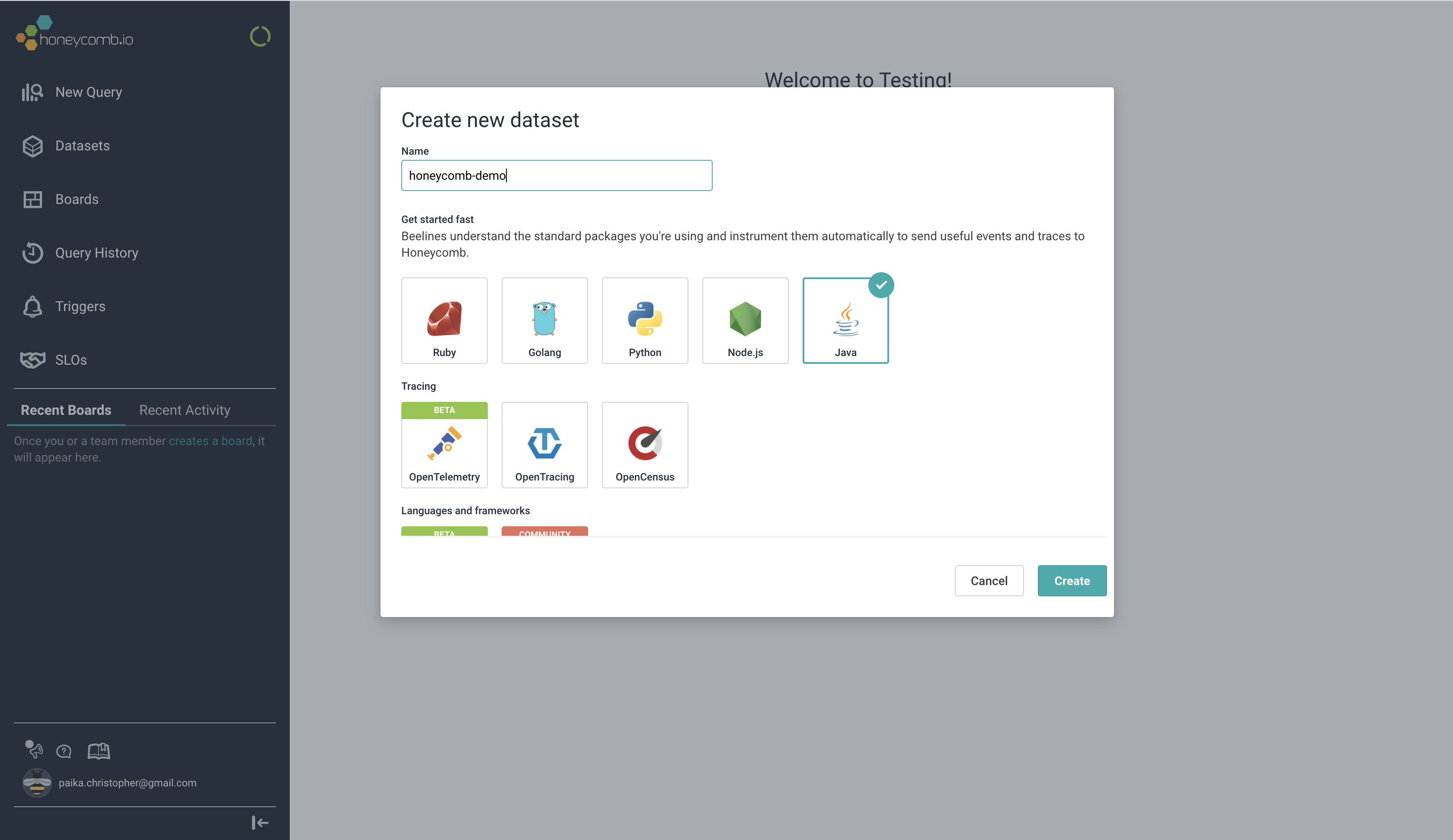 Setting up a Java dataset on the Honeycomb UI