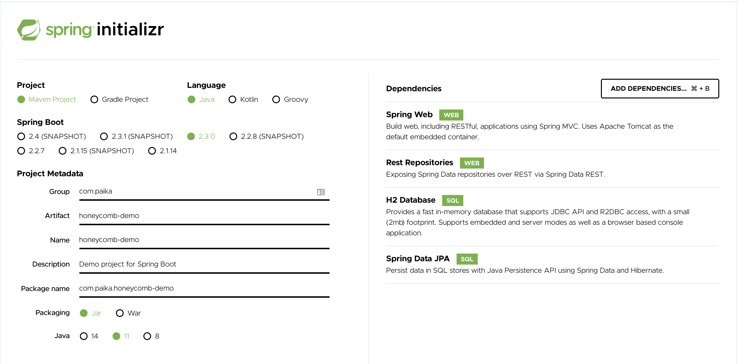 Spring Initializr's Bootstrapping Page with the configuration filled in