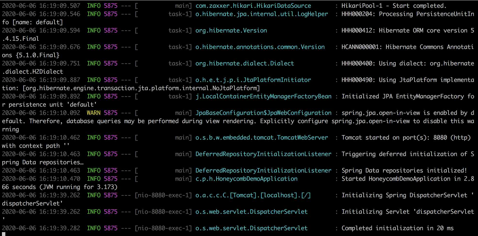 The terminal output from the running Spring Boot server